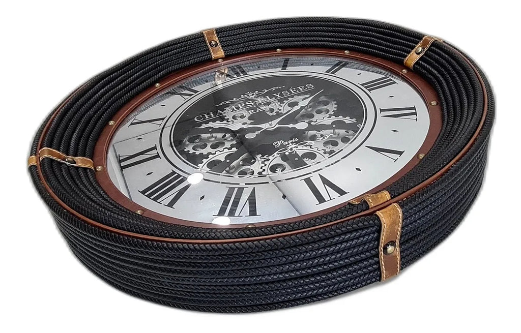 Relógio de Parede Vintage 77cm com Moldura em Couro e Fundo Espelhado