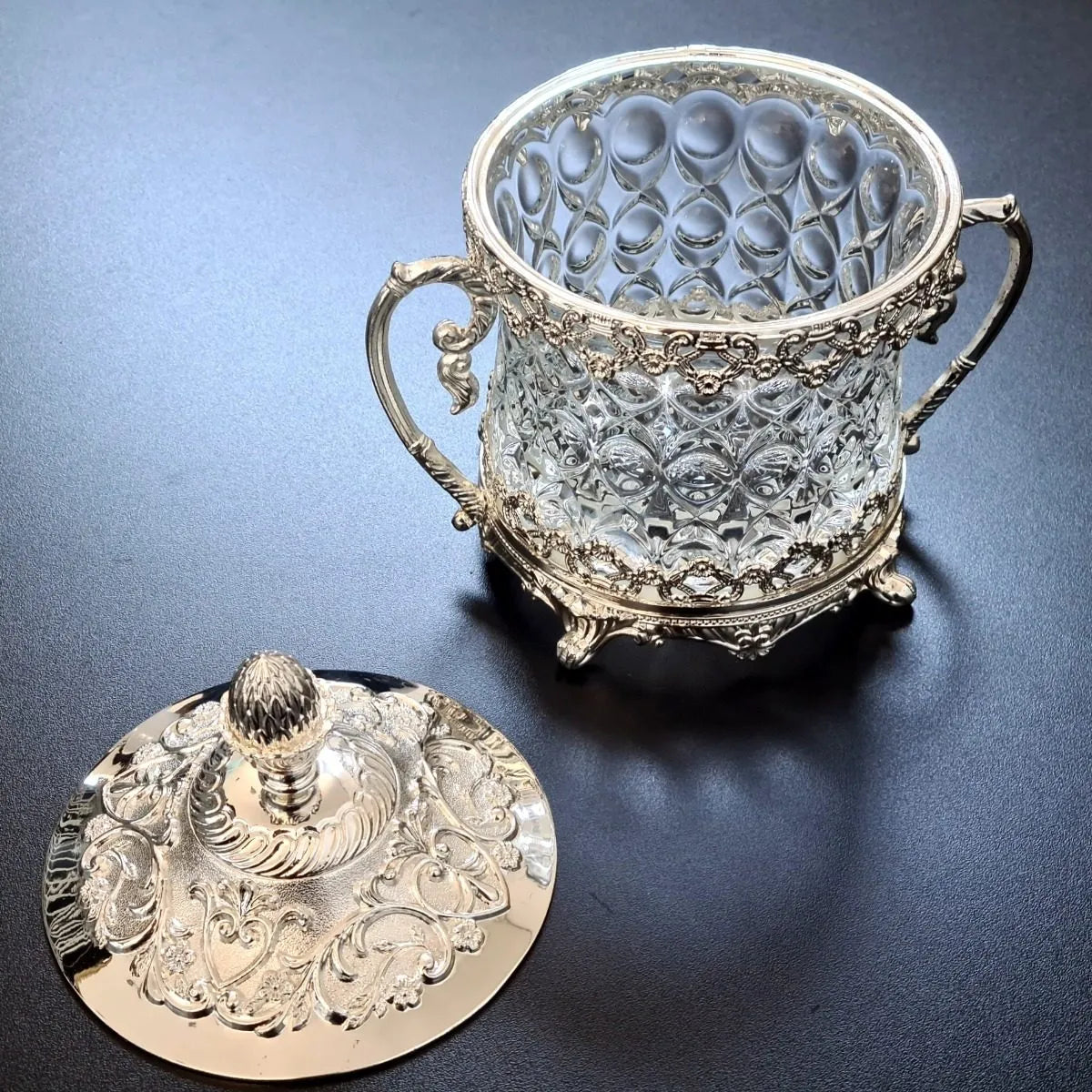 Açucareiro Indiano em Metal e Vidro Prateado 20x14