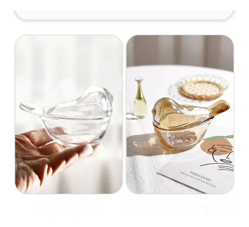 Mini Porta-Joias Potiche de Cristal Âmbar com Pássaro 11x7 cm | Decorativo