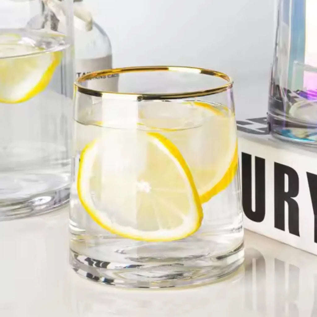 Copo De Whisky Vidro Jogo 6 Peças Borda Dourada 270ml Transparente Borda Dourada