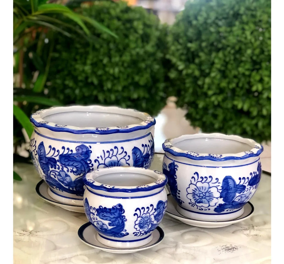 Jogo 3 Cachepot Cerâmica Vasos E Pires Azul E Branco