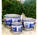 Jogo 3 Cachepot Cerâmica Vasos E Pires Azul E Branco