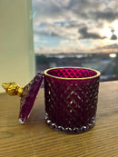 Porta Algodão / Porta Joias em Vidro Roxo com Tampa Borda Dourada 14x8cm