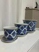 Jogo 3 Cachepots em Cerâmica Azul e Branco Estilo Imperial Elegance