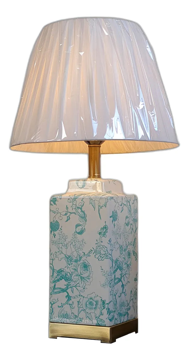 Abajur Luminária de Mesa Porcelana Branco com Verde e Metal Dourado 65x34 cm