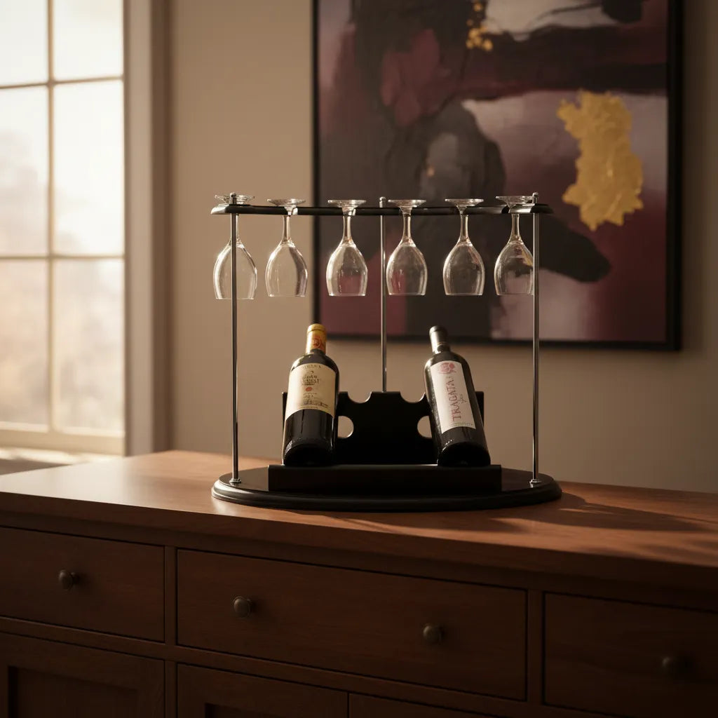 Adega de Vinho Rack em Madeira com Suporte para 6 Taças e 2 Garrafas