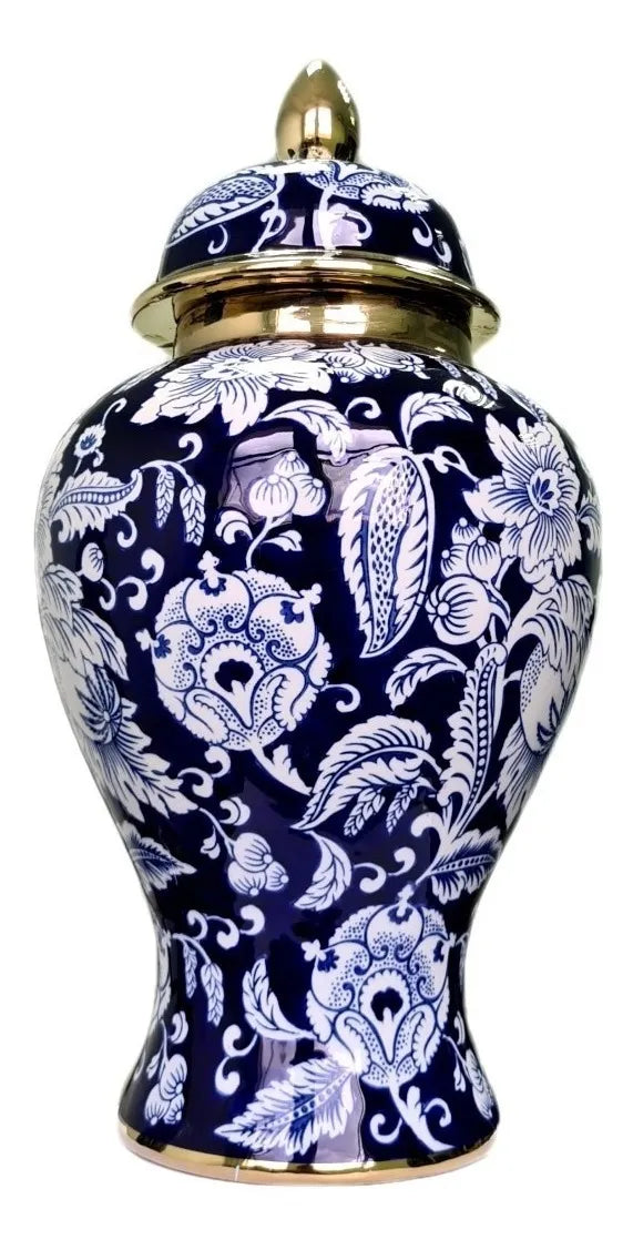 Vaso Decorativo de Porcelana Azul Marinho e Dourado com Tampa – 42x22