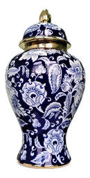 Vaso Decorativo de Porcelana Azul Marinho e Dourado com Tampa – 42x22