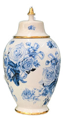 Vaso Decorativo Porcelana Azul e Branca com Tampa 40x20 Florido