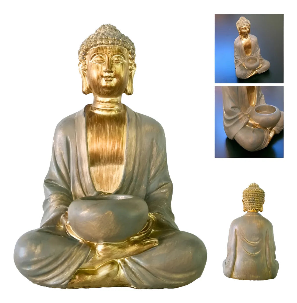 Buda Decorativo Porta-Vela em Poliresina – Dourado | 22 x 14 cm