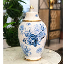Vaso Decorativo Porcelana Azul e Branca com Tampa 40x20 Florido