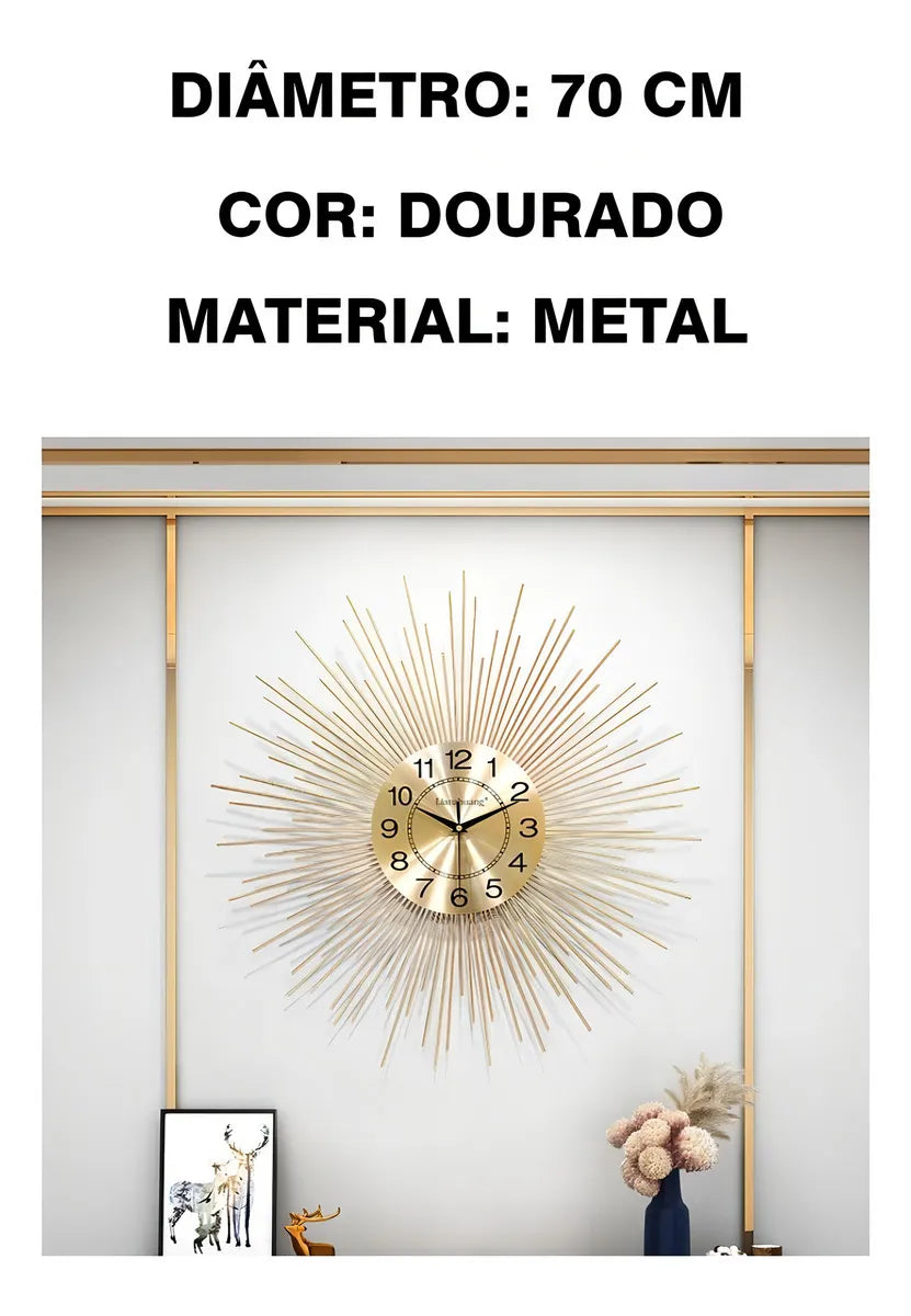Relógio de Parede Imperial Dourado 70cm em Metal – Design Europeu Luxo