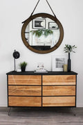 Espelho Decorativo Redondo Luxo com Alça de Couro Legítimo 60 cm – Dourado Escuro | Estilo Rústico Premium