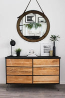 Espelho Decorativo Redondo Luxo com Alça de Couro Legítimo 60 cm – Dourado Escuro | Estilo Rústico Premium