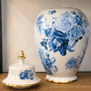 Vaso Decorativo Porcelana Azul e Branca com Tampa 40x20 Florido