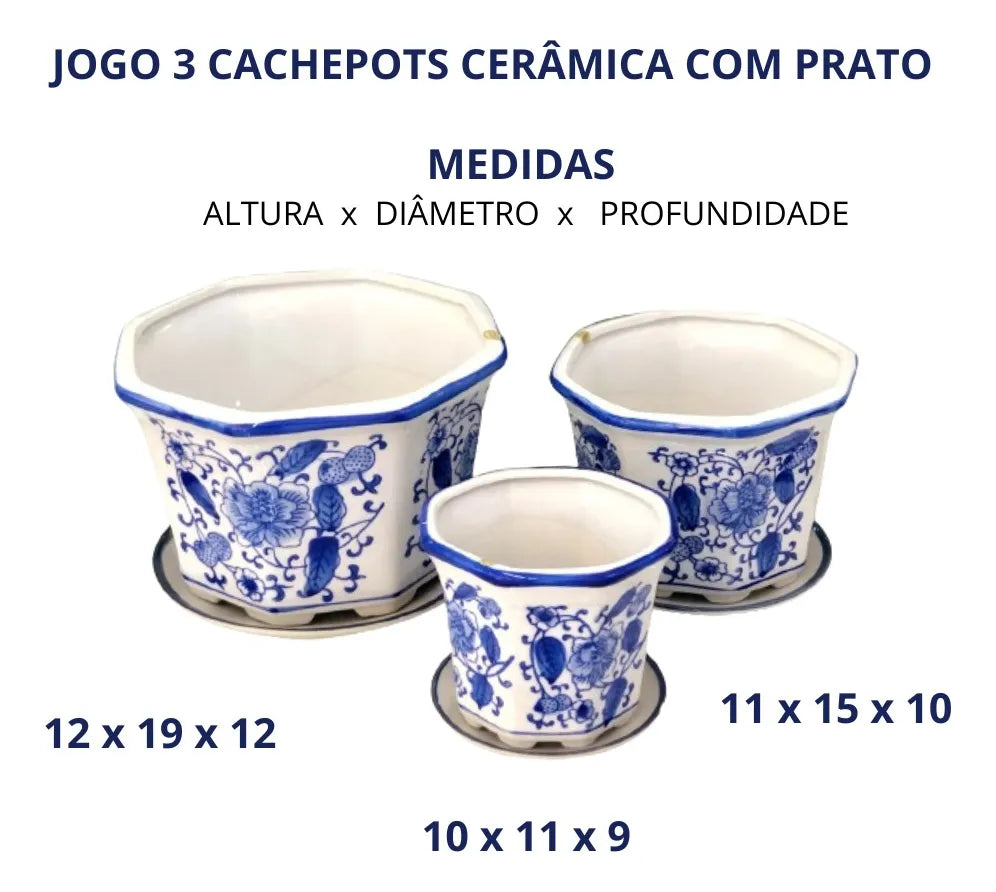 Jogo 3 Cachepot Cerâmica Vasos E Pires Azul E Branco