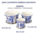 Jogo 3 Cachepot Cerâmica Vasos E Pires Azul E Branco