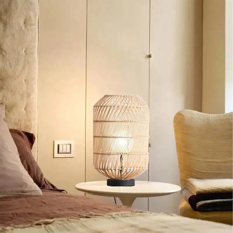 Abajur Luminária de Mesa Tecelagem Rattan 40x24 Preto/Palha