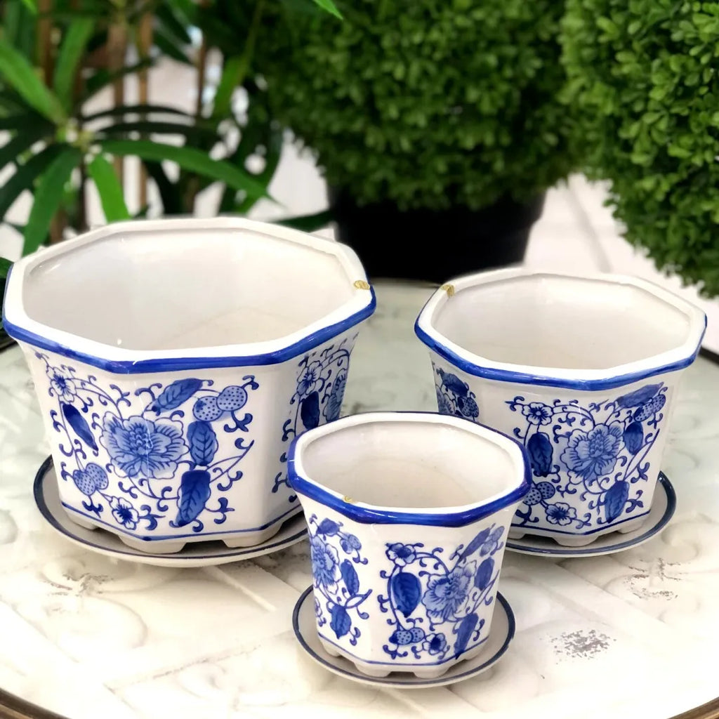Jogo 3 Cachepot Cerâmica Vasos E Pires Azul E Branco