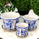 Jogo 3 Cachepot Cerâmica Vasos E Pires Azul E Branco