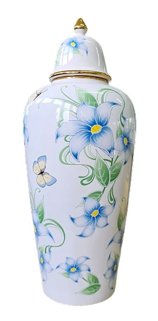 Vaso Decorativo de Porcelana Azul e Branco com Detalhes Verde e Amarelo – 45x17