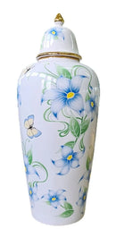 Vaso Decorativo de Porcelana Azul e Branco com Detalhes Verde e Amarelo – 45x17