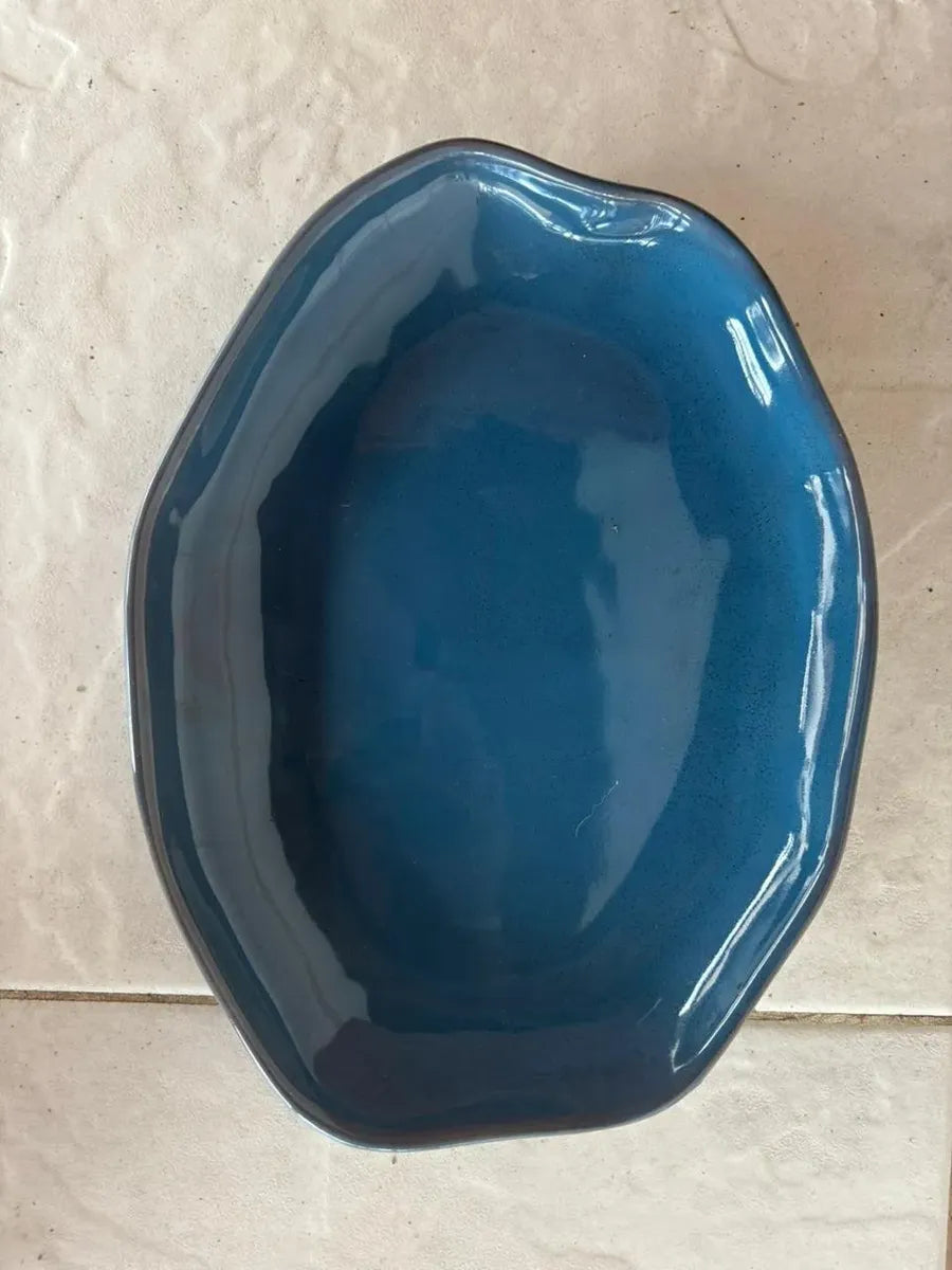 Bandeja Fruteira Centro de Mesa 44 cm em Cerâmica Luxo Azul
