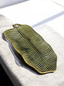 Travessa Centro De Mesa Folha Ceramica Verde 44x16