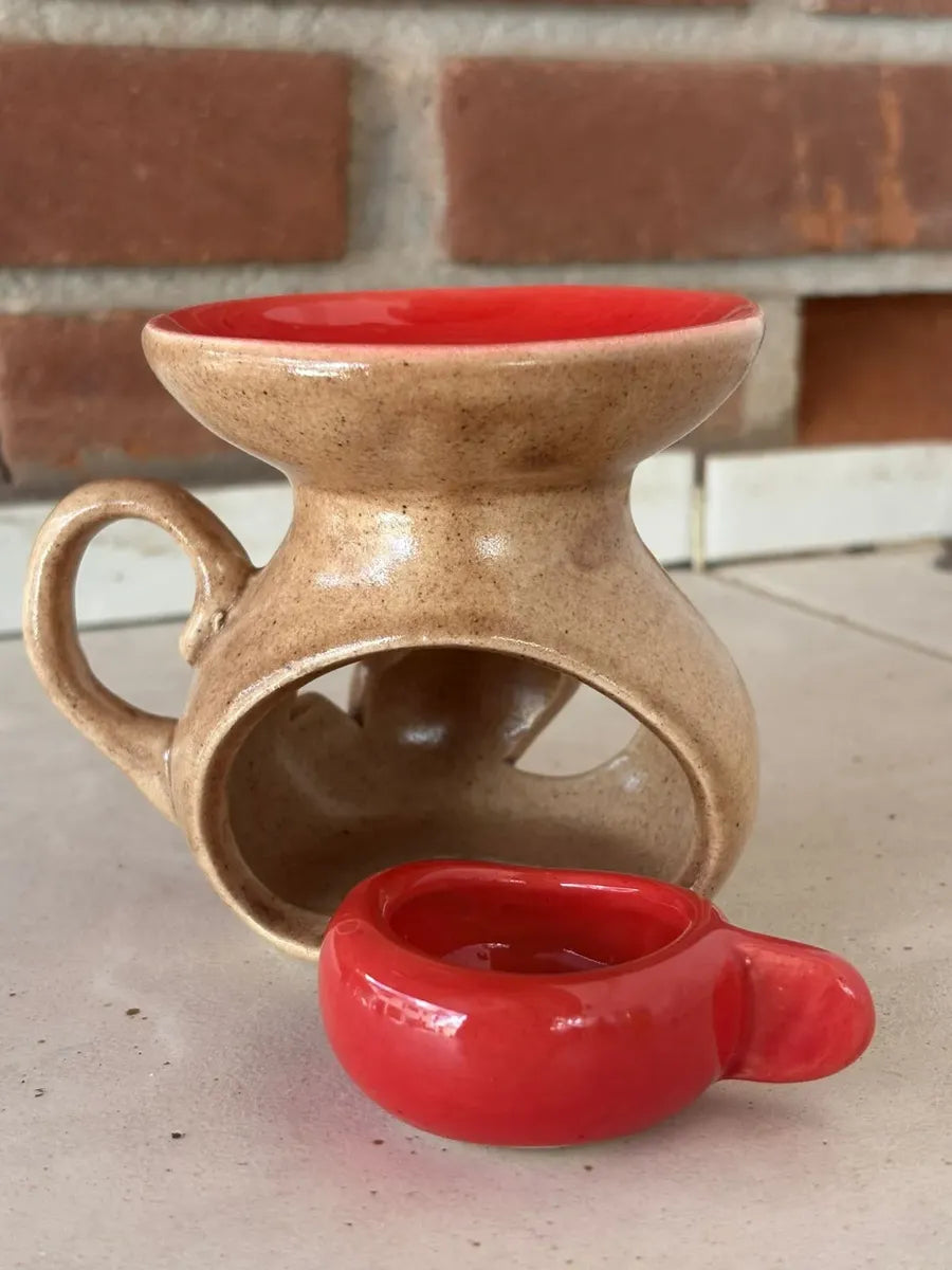 Queimador Aromático Rechaud Suporte Porta-Vela em Cerâmica Vermelho