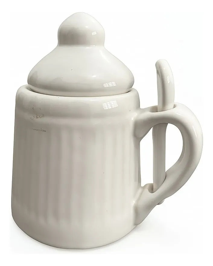 Açucareiro com Tampa e Colher em Cerâmica Branca 13x11 cm
