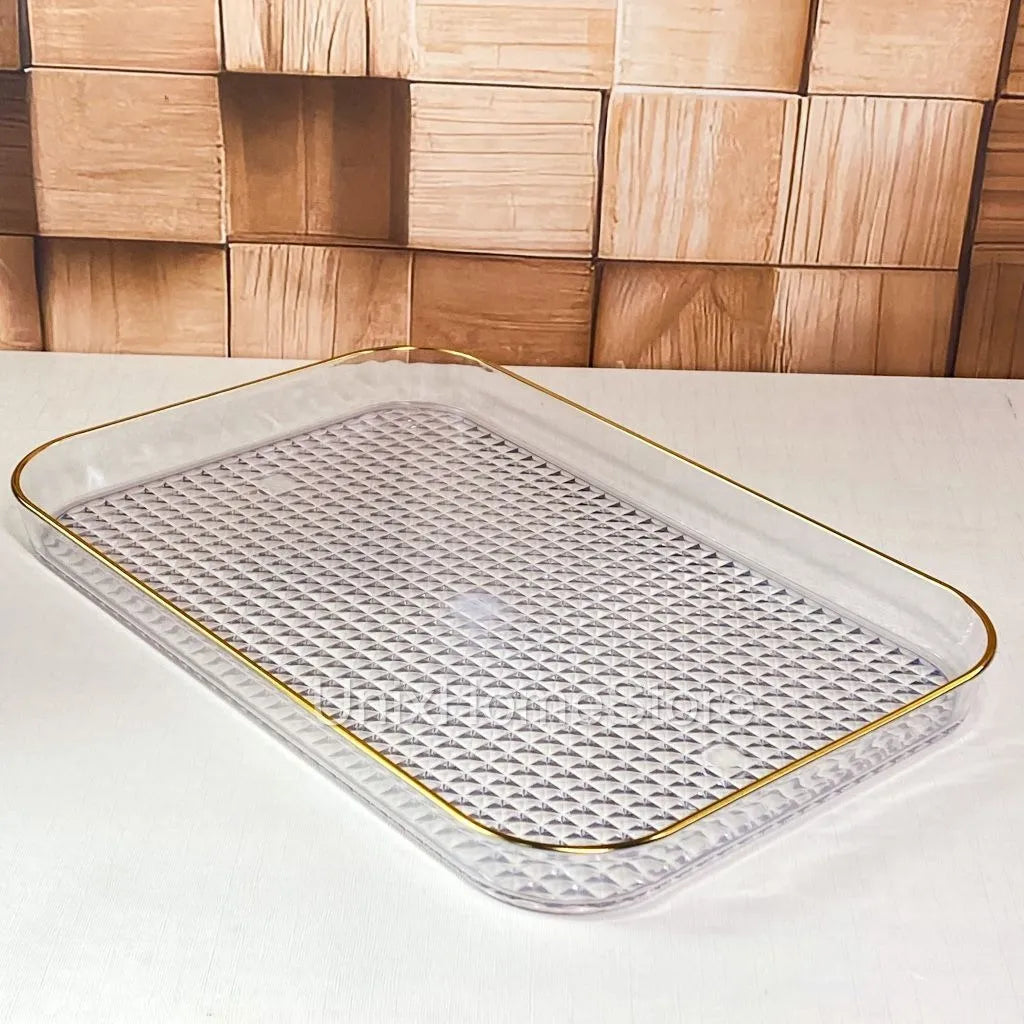 Bandeja Decorativa em Acrílico Cristal com Borda Dourada 30cm – Café & Beleza