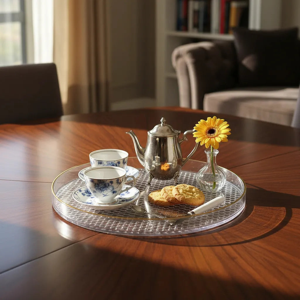 Bandeja Decorativa em Acrílico Cristal com Borda Dourada 30cm – Café & Beleza