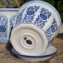 Kit 3 Vasos Cerâmica Conjunto C/ Pires Azul E Branco