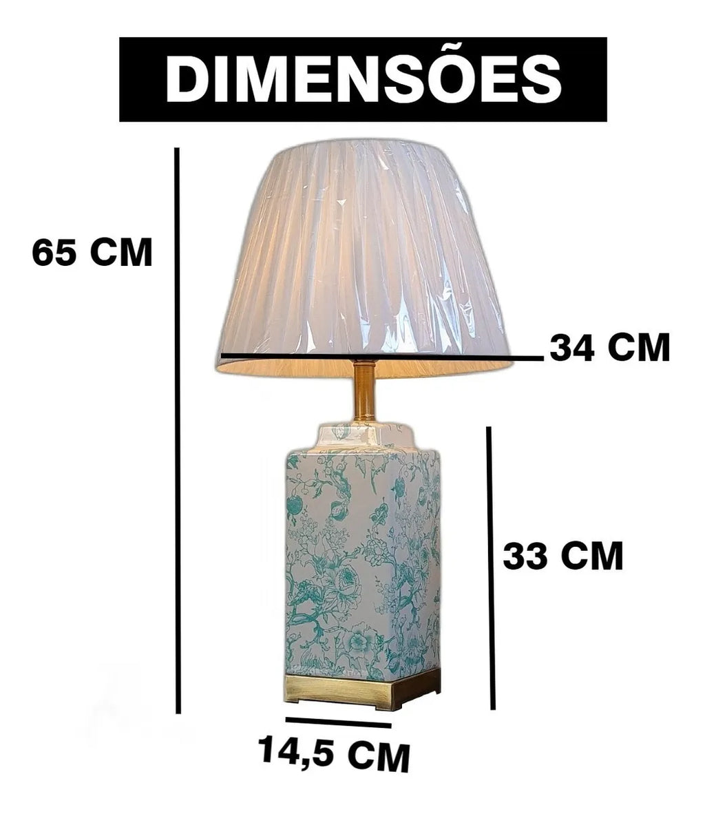 Abajur Luminária de Mesa Porcelana Branco com Verde e Metal Dourado 65x34 cm