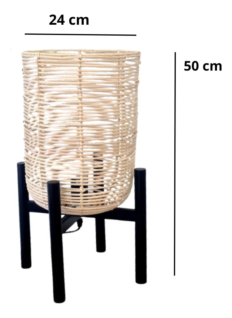 Abajur de Mesa em Rattan com Pedestal Preto Luxo 50x24 cm