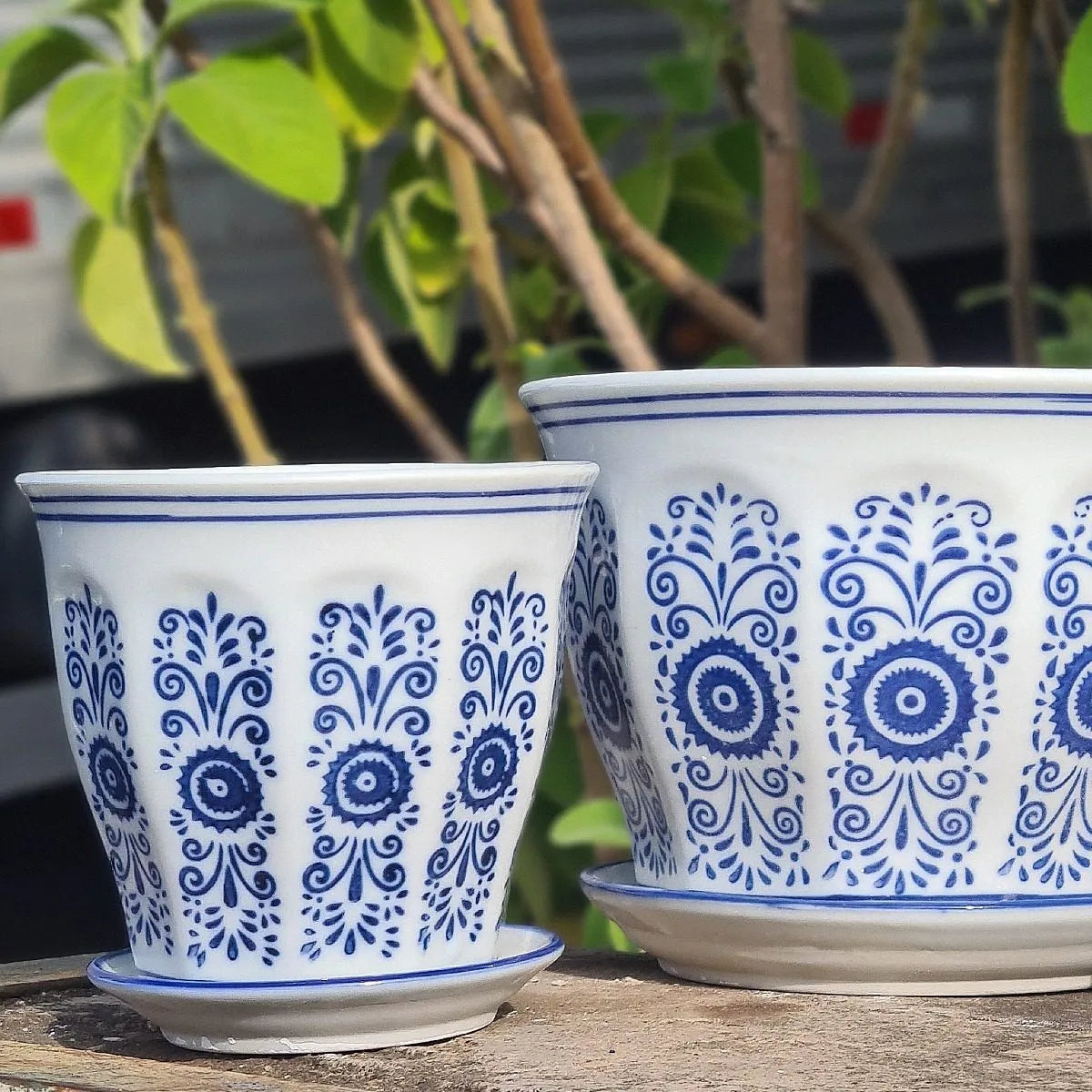 Kit 3 Vasos Cerâmica Conjunto C/ Pires Azul E Branco