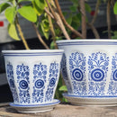 Kit 3 Vasos Cerâmica Conjunto C/ Pires Azul E Branco