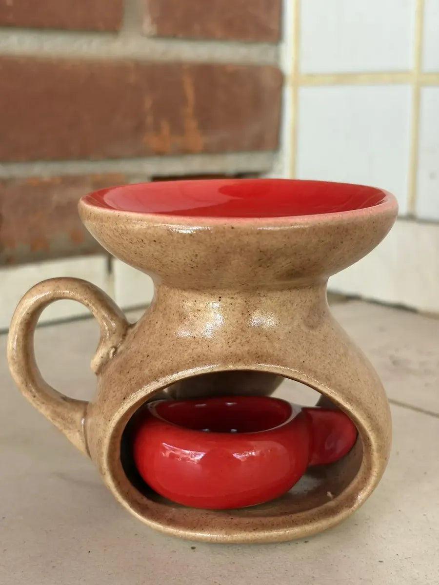 Queimador Aromático Rechaud Suporte Porta-Vela em Cerâmica Vermelho