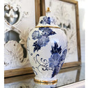 Vaso Decorativo de Porcelana Azul e Branco com Detalhes Dourados – 39x20 cm
