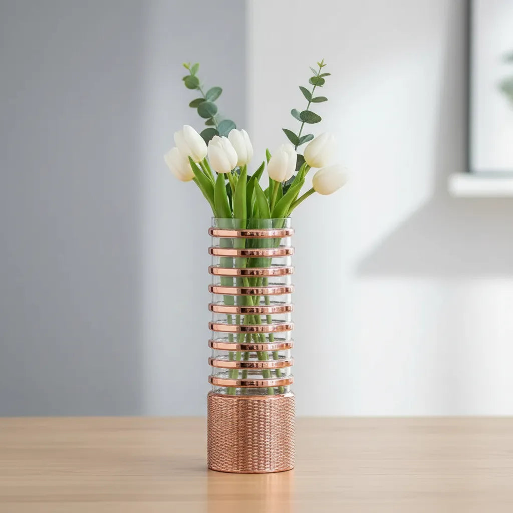 Vaso Decorativo de Vidro com Anéis Rosé – 51 x 17 cm