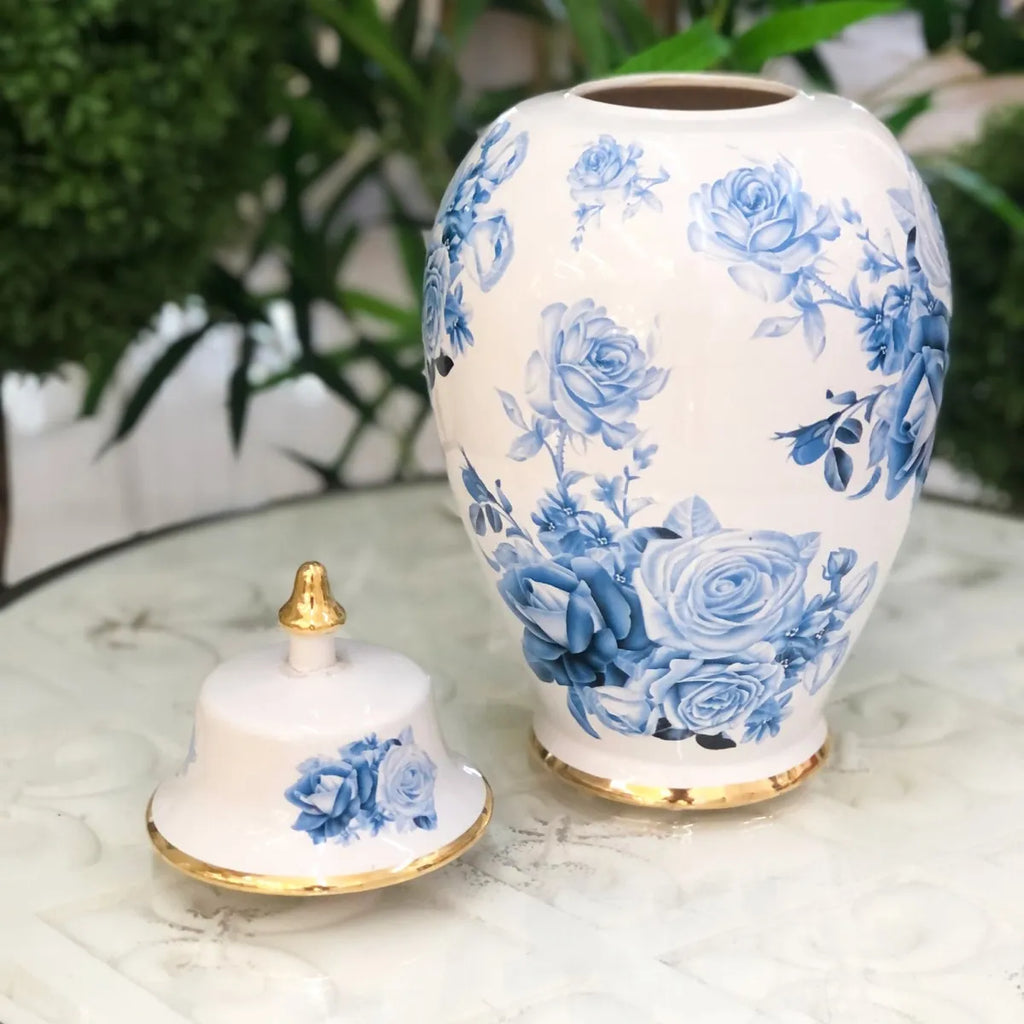 Vaso Decorativo Porcelana Azul e Branca com Tampa 33x18