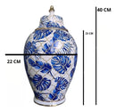 Vaso Decorativo de Porcelana Azul e Branco com Tampa 40x22 cm – Folhas