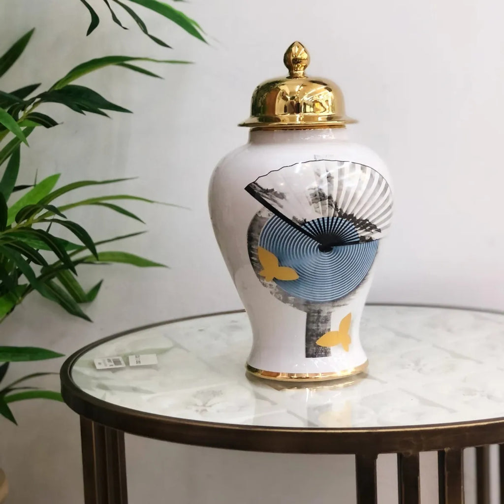 Vaso Decorativo de Porcelana Branco e Dourado com Tampa – 35x21 | Linha Clássica Mundi