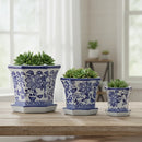 Kit Cachepot Floral Azul e Branco em Cerâmica – 3 Peças com Pires