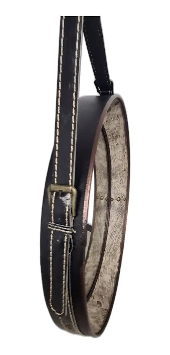Espelho Adnet Decorativo Redondo com Alça em Couro Legítimo Preto/Marrom – 53 cm