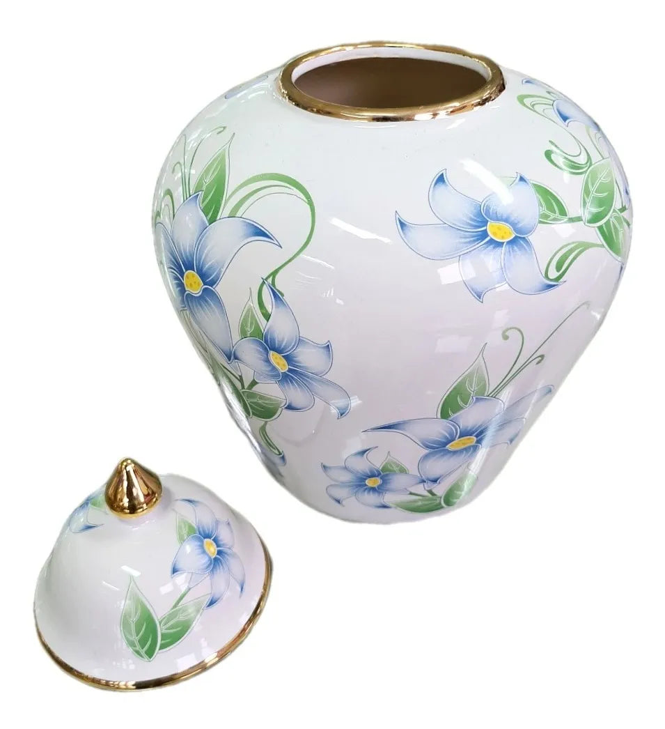 Vaso Decorativo Porcelana Branco e Dourado Floral 30x22