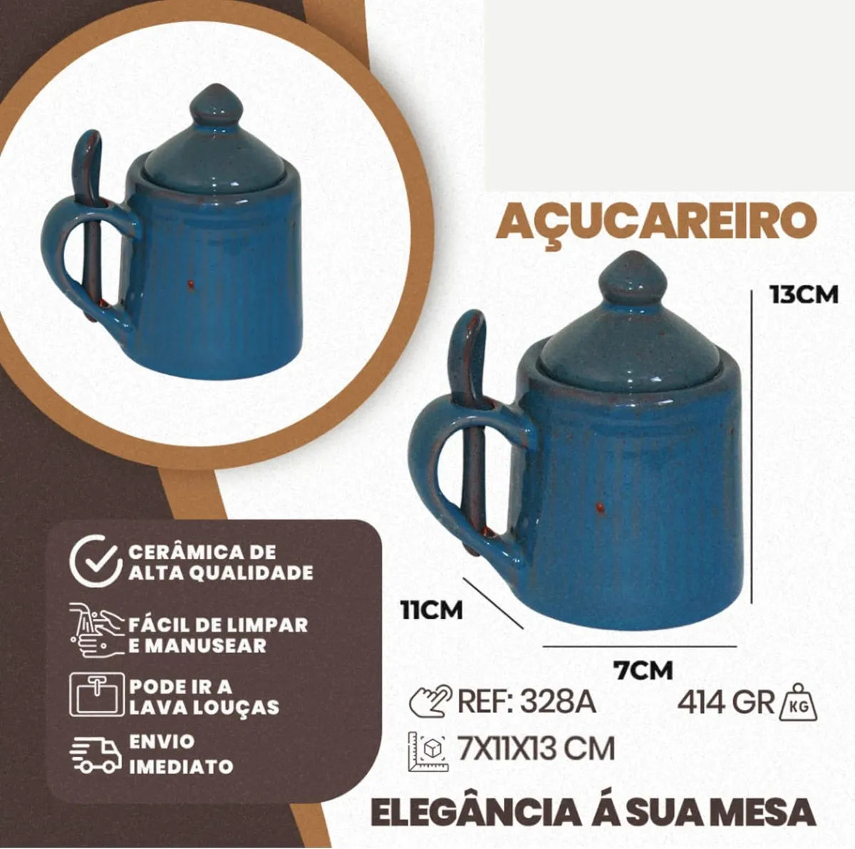 Açucareiro de Cerâmica com Tampa e Colher Azul Acqua - 13x7