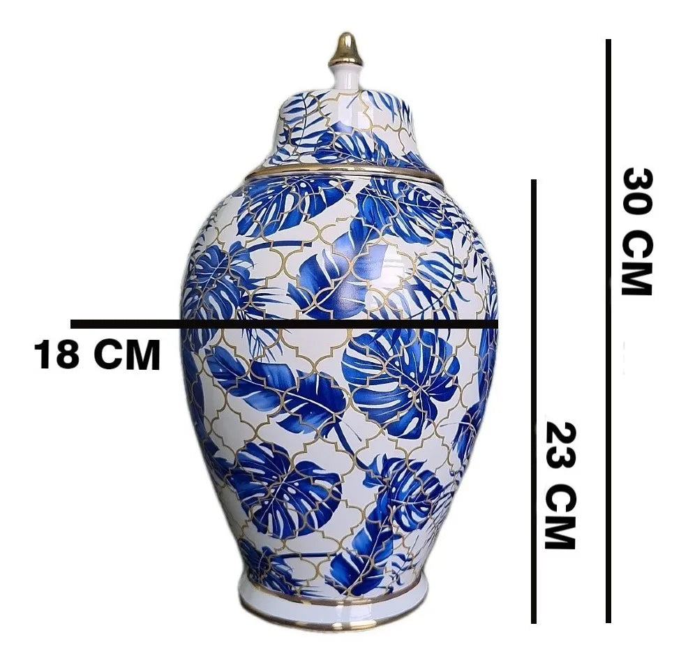 Vaso Decorativo de Porcelana Azul e Branco com Tampa 30x18 cm – Folhas