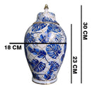 Vaso Decorativo de Porcelana Azul e Branco com Tampa 30x18 cm – Folhas