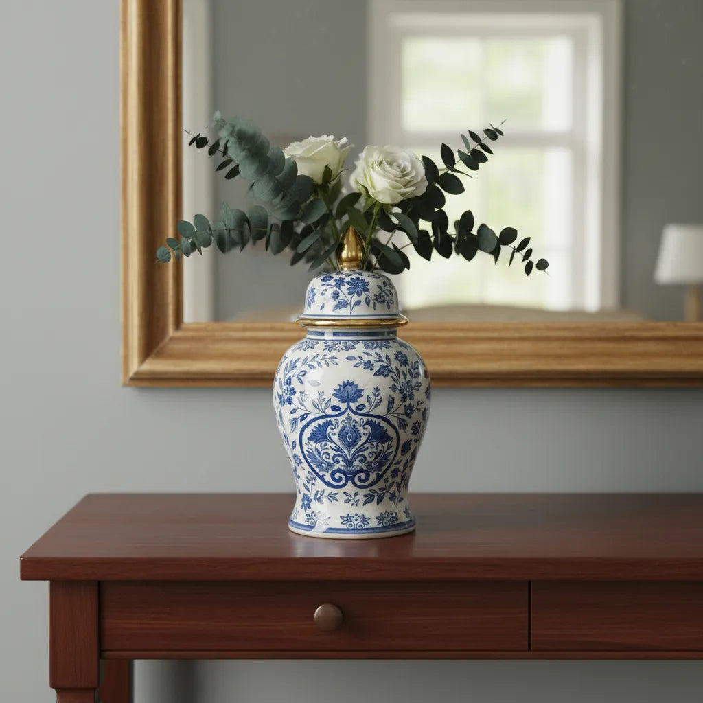 Vaso Decorativo em Porcelana Azul Floral 40x19cm com Tampa – Estilo Clássico